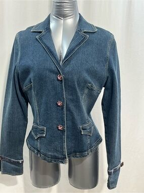 Ami Blue Denim Blazer with Pink Floral Buttons snaps. Y2K casual office. 1409